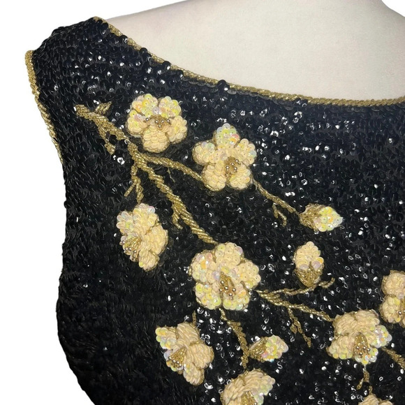 Vintage 1950’s Handbeaded Sequins Top 3D Florals - Picture 6 of 7